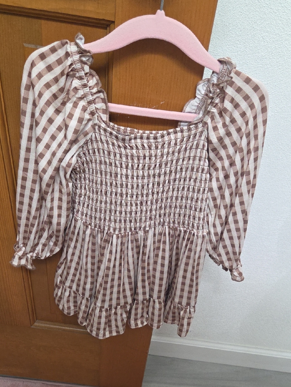 Girls' Smocked Gingham Casual Dress - Brown & Cream